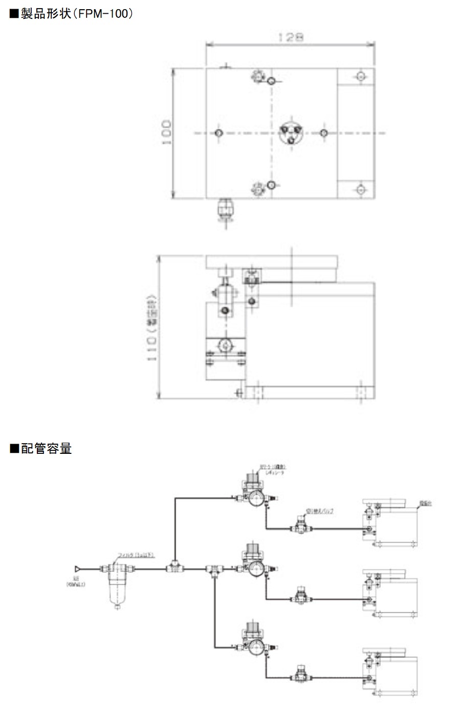 外形寸法図、配管容量